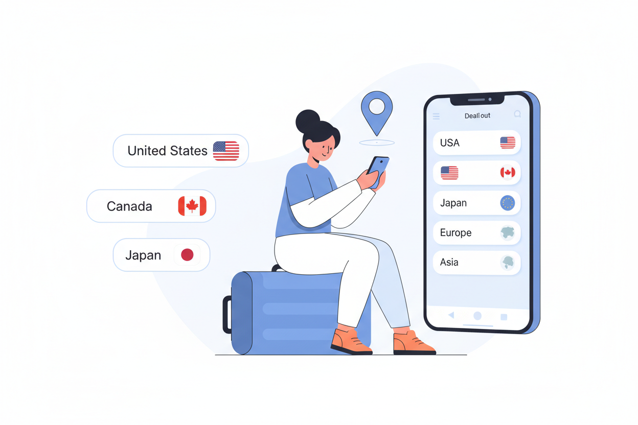 A clean modern flat illustration of a female traveler sitting on a blue suitcase, looking at her smartphone with a location pin icon above the phone. Minimal UI design style. On the right side, a realistic smartphone mockup showing a travel app interface with country and region lists (USA, Canada, Japan, Europe, Asia), flags icons, rounded cards, and soft shadows. On the left side, floating country labels with flags (United States, Canada, Japan). White background, soft pastel colors, blue and orange color 